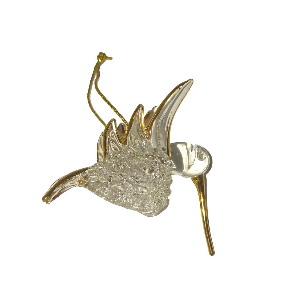 Hand Blown Hummingbird Ornament Clear Glass Gold Trim Vintage Crystal Chip*